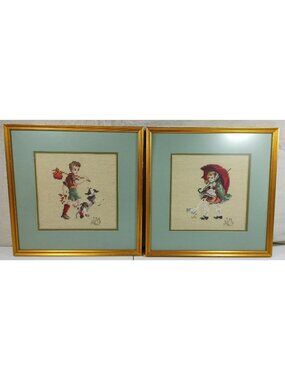 Vintage 1967 Framed Cross Stitch Art Pair Boy With Dog and Girl With Umbrella